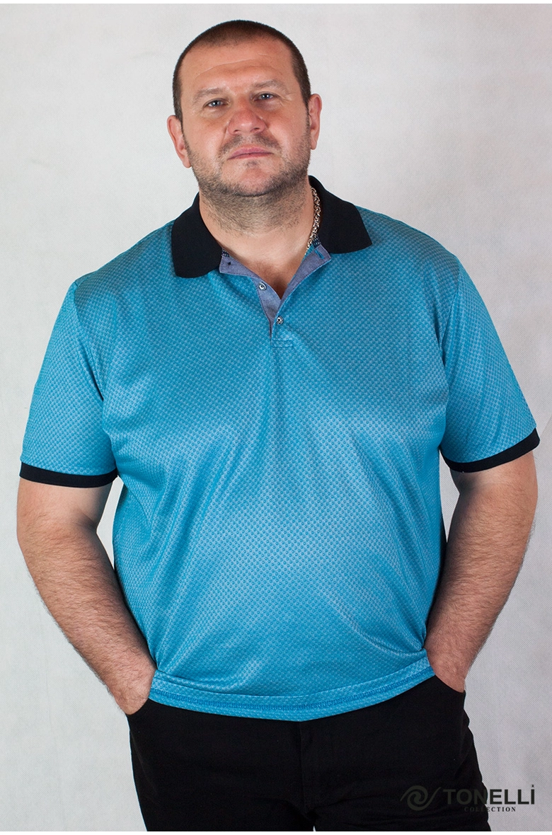 férfi nagyméretű kék mintás divatos galléros póló